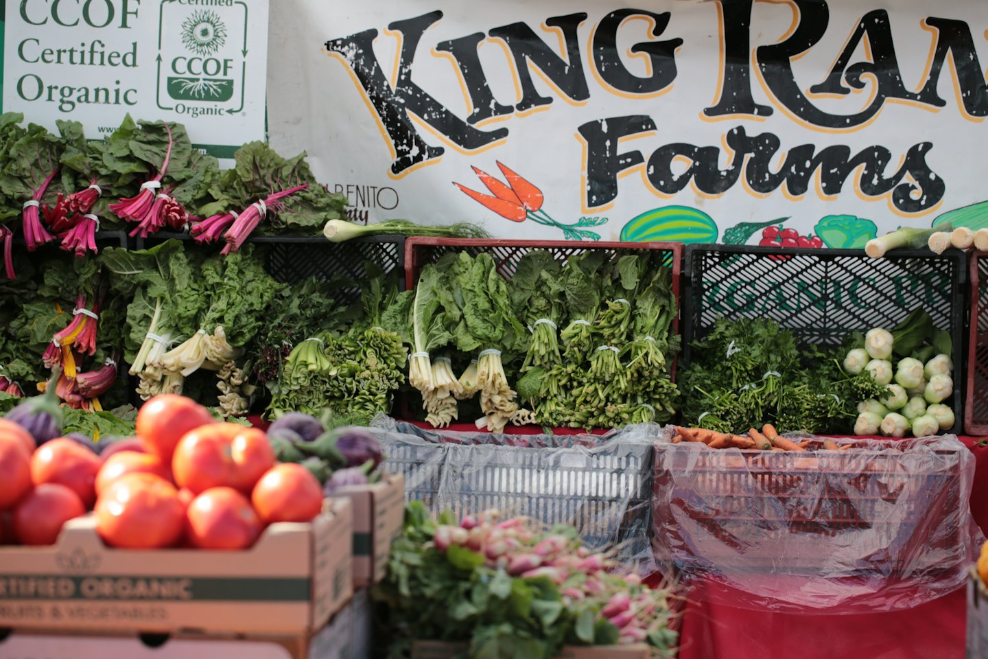 Fresh organic produce is displayed on a market stall table.