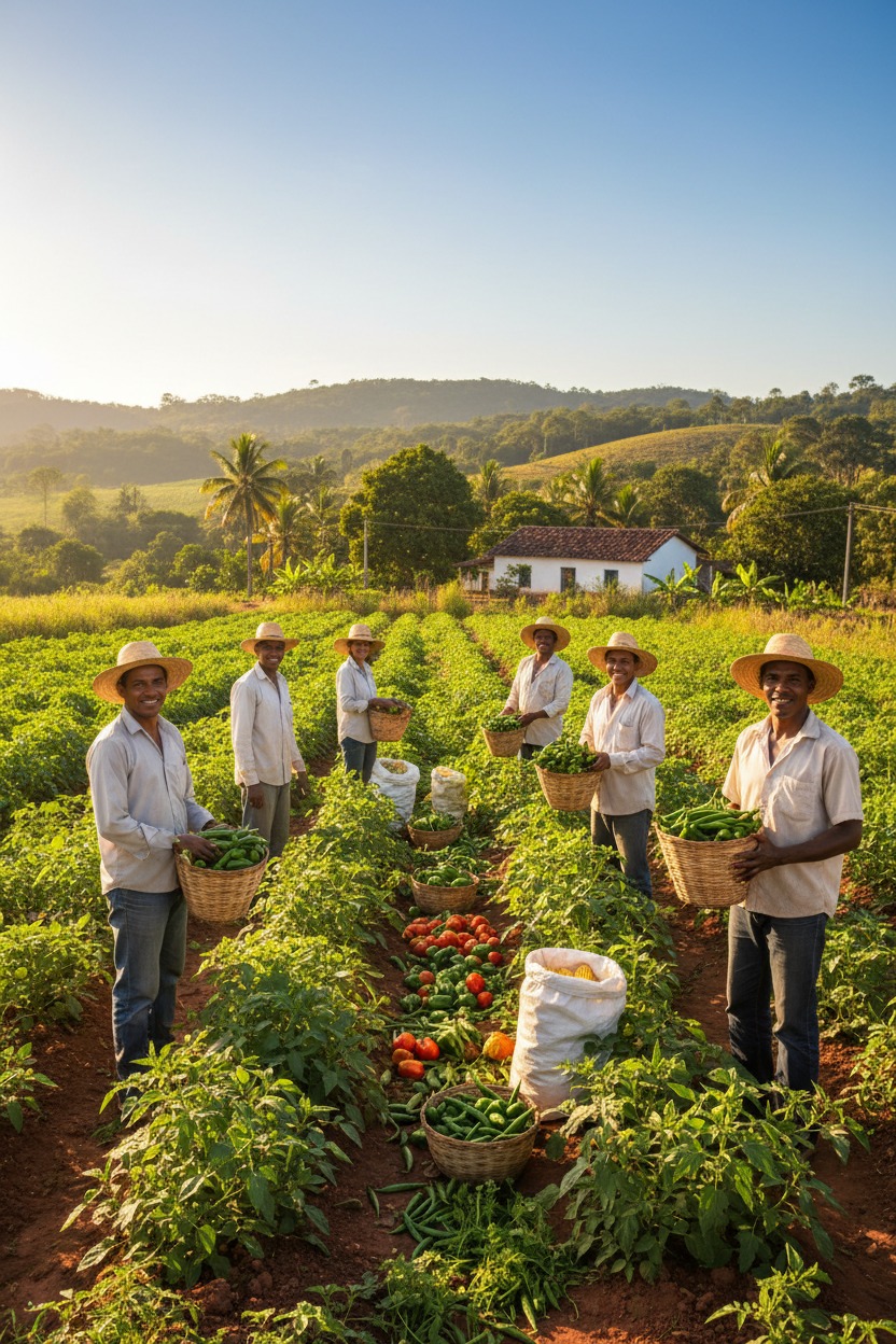 Seis agricultores sorridentes com chapéus de palha colhem vegetais em uma fazenda ensolarada.